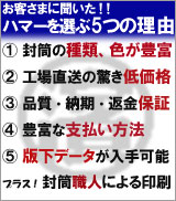 お客さまに聞いたハマーを選ぶ5つの理由。封筒の種類、色が豊富。工場直送の驚き価格。品質・納期・返金保証。豊富な支払い方法。版下データが入手可能。プラス封筒職人による印刷ｗ